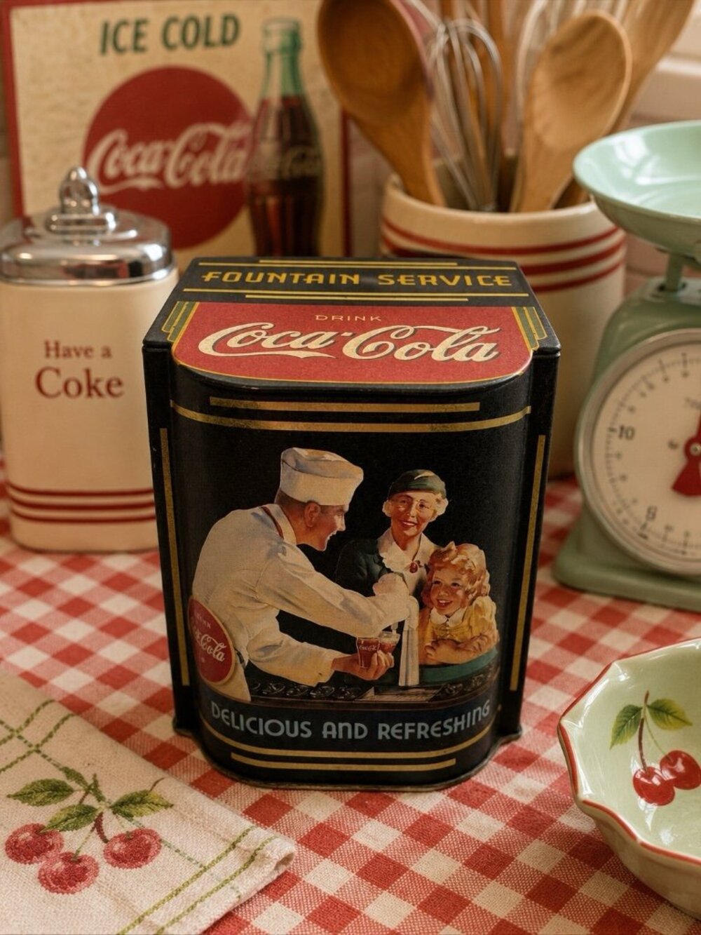Vintage Coca Cola Fountain Service Tin Hinged Lid Bristolware 1995 Canister